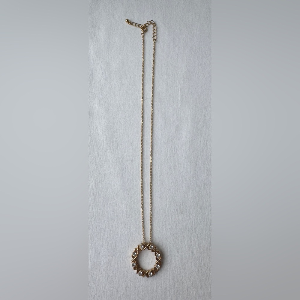 Gold Tone Eternity Circle X O Clear Rhinestone Pendant W/ Chain